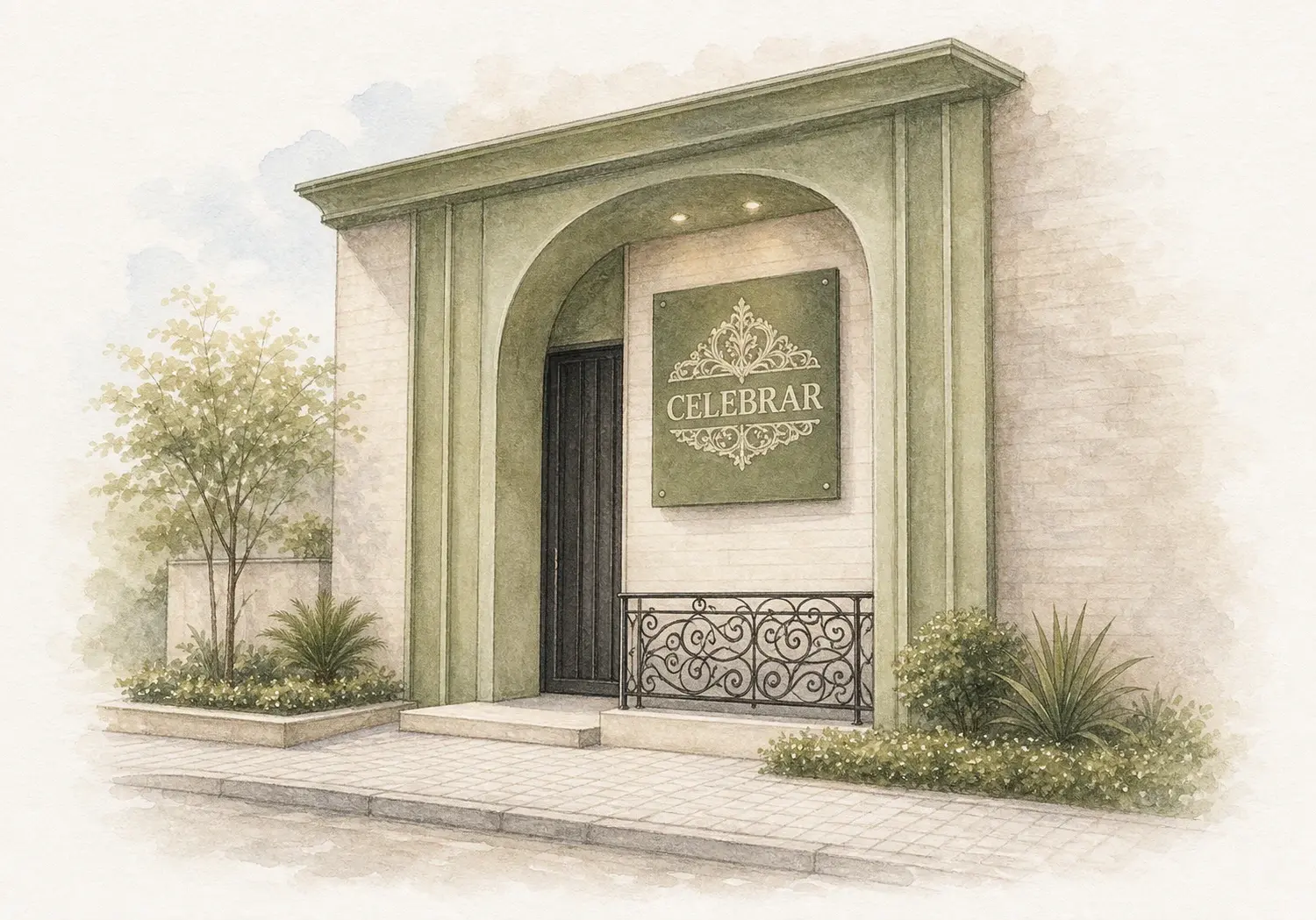 Entrada em arco verde do Celebrar ilustrada em aquarela