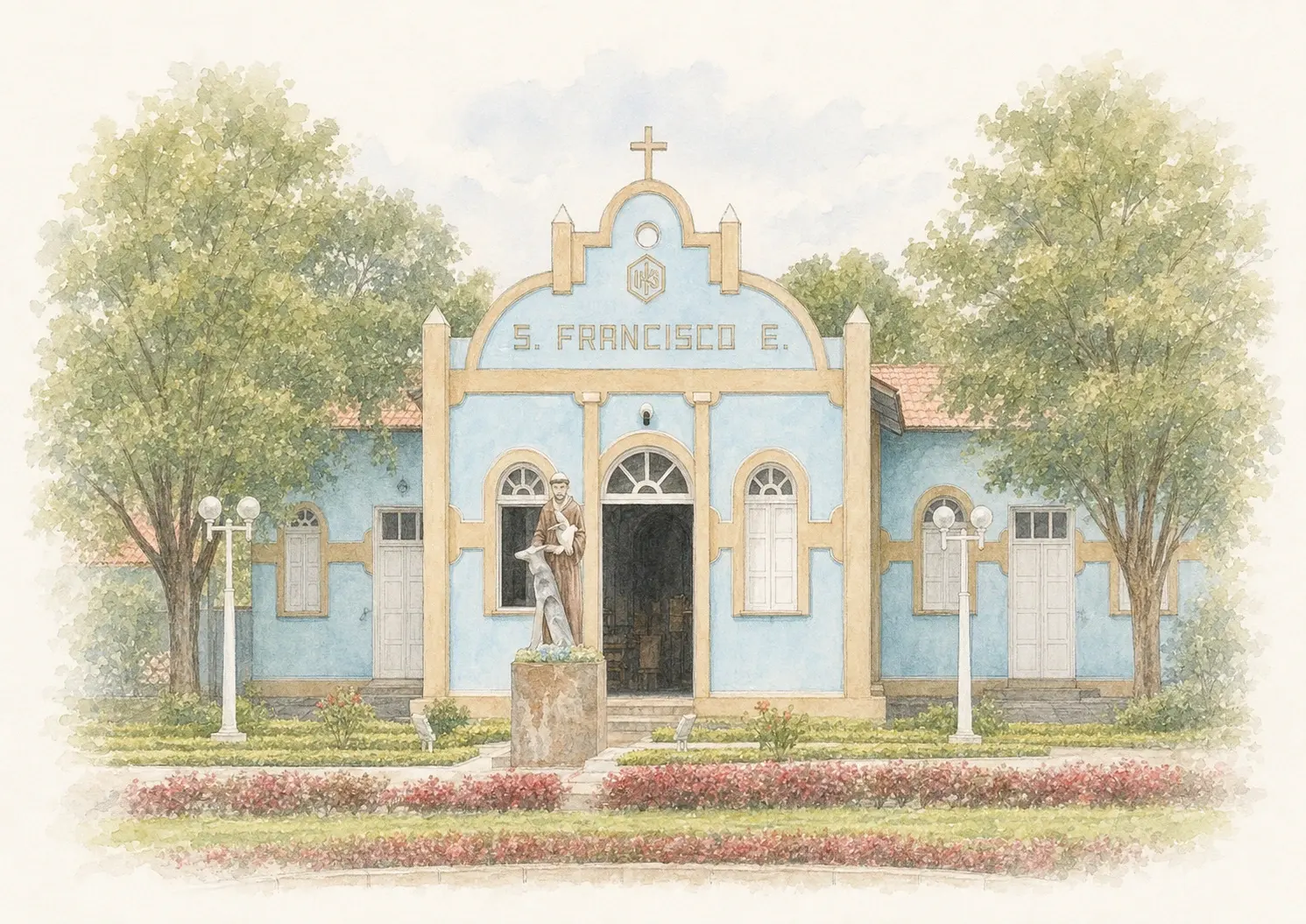 Fachada azul da Paróquia São Francisco das Chagas ilustrada em aquarela